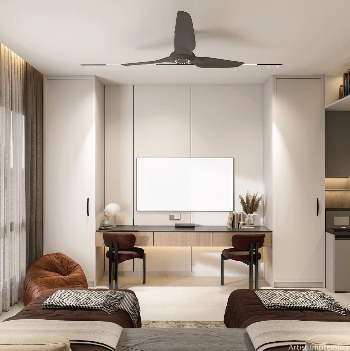 Fully furnished studio living area with study desk and wardrobes