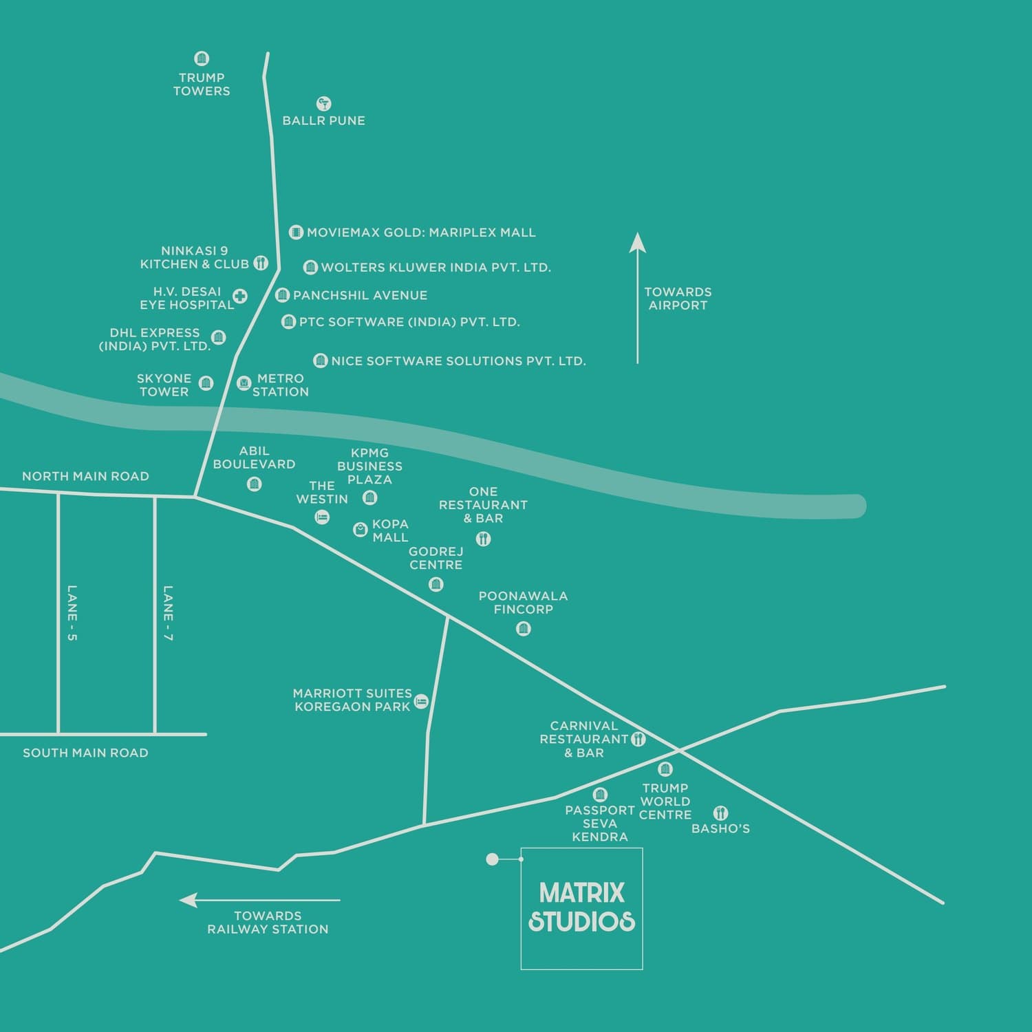 Location map showing Matrix Studios and nearby landmarks in Koregaon Park Annexe